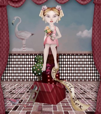 Kutular yığınının üstünde gerçeküstü bir kız ile kalabalığın arasından sıyrılan hakkında kavramsal illüstrasyon