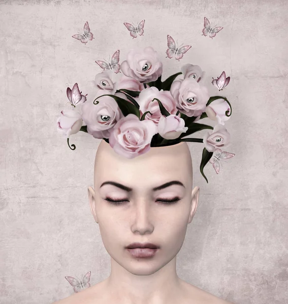 Vintage Portrait Fantasy Woman Pink Surreal Roses Her Head — Stock Photo, Image