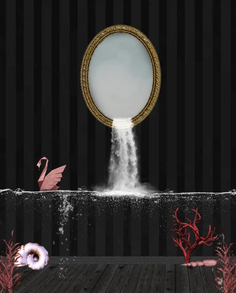 Cachoeira Saindo Uma Moldura Espelho Dentro Uma Sala Escura — Fotografia de Stock