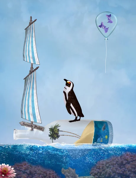 Natural Habitat Ecosystem Concept Penguin Bottle Sailing South Pole — Stock Photo, Image