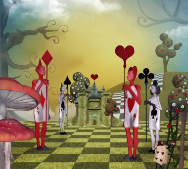 Kalpler Kraliçesi'nin kart muhafızlarıyla Alice Harikalar Diyarında'dan esinlenen manzara
