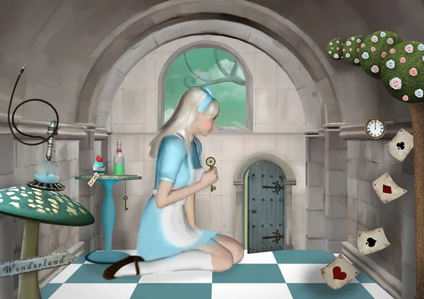 Surrealistiskt Rum Med Liten Alice Öppnar Magisk Passage Med Nyckel — Stockfoto