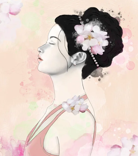 Perfil Romântico Uma Mulher Com Flores Cerejeira Ilustração Pintura Digital — Fotografia de Stock