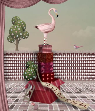 Bir kutu yığını üzerinde pembe bir flamingo ile gerçeküstü bir sahne tarafından tasvir fark ve denge kavramı