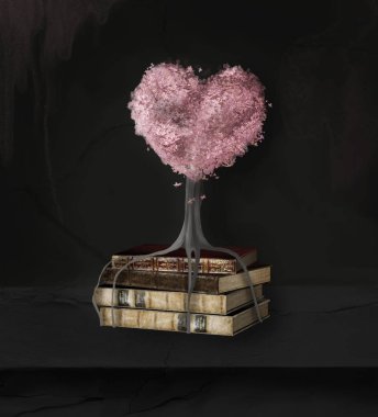 Kitap yığını ve gerçeküstü pembe bir ağaç kalp ile natürmort