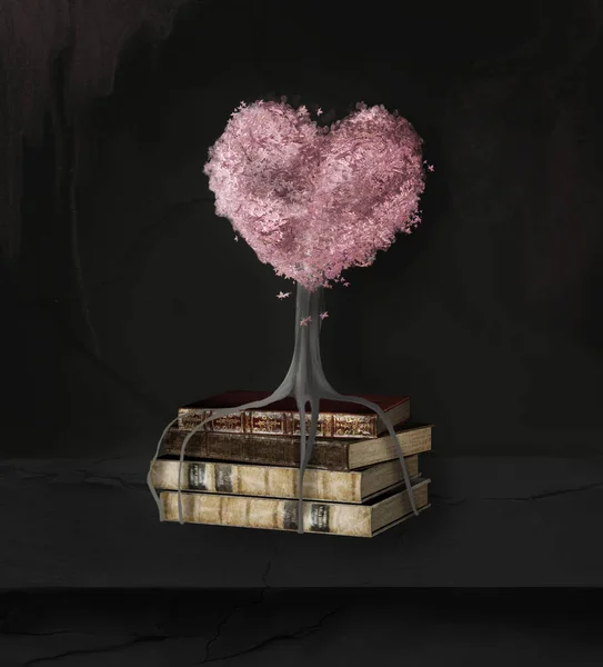 Nature Morte Avec Une Pile Livres Cœur Arbre Rose Surréaliste — Photo