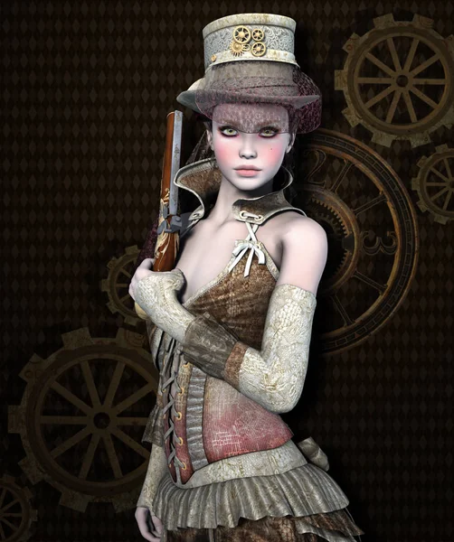 Piękna Niebezpieczna Dziewczyna Steampunk Pistoletu — Zdjęcie stockowe