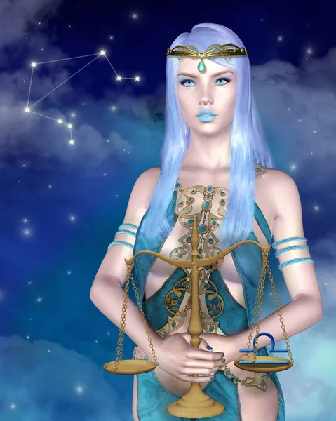 Beautiful Lady Portraying Libra Zodiac Sign Blue Starry Sky Background — Stock Photo, Image