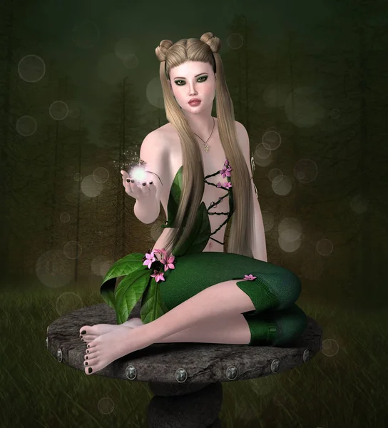 Beautiful Green Elf Pedestal Middle Fantasy Forest Illustration — Stock Photo, Image