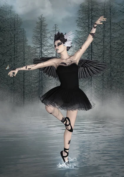 霧の風景の中で湖で踊る羽を持つゴシック様式の女性 — ストック写真