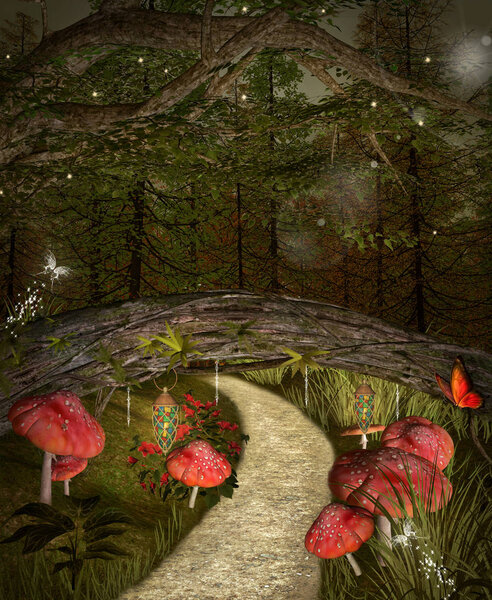 Pathway under the bridge with red magic mushrooms