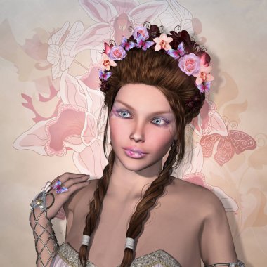 Saçında çiçekler olan güzel bir kadın portresi.