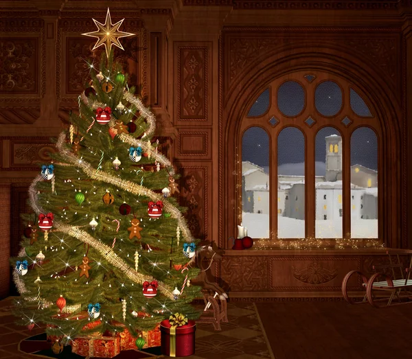 Vigilia Natale Una Casa Tranquilla Con Vista Vecchio Villaggio — Foto Stock