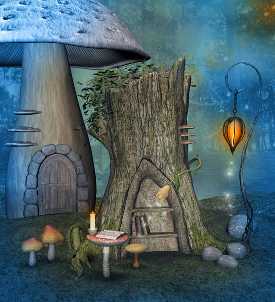 Enchanted old trunk with a bookshelf in the fairy village, 3D illustration