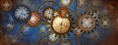 Industrial and steampunk style background with clocks and wheels clipart