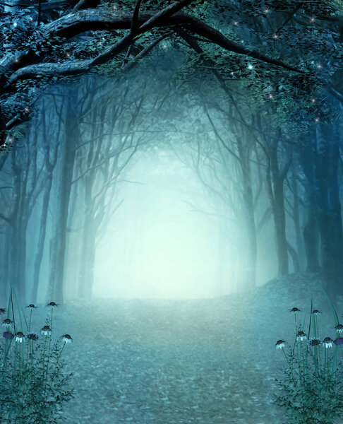 Magic secret passage in a mystic autumnal foggy woodland