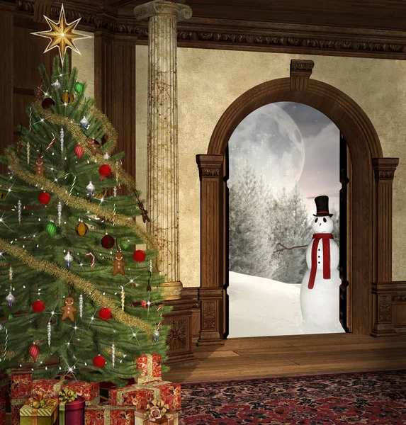 Pohled Kouzelný Zimní Les Sněhuláka Teplého Starého Domu Vánočním Stromečkem — Stock fotografie