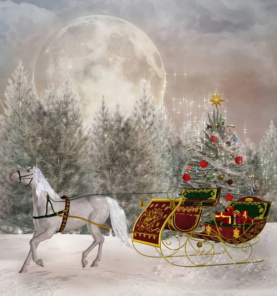 Santa Claus Sanie Biegu Zaczarowanej Zimowej Scenerii — Zdjęcie stockowe