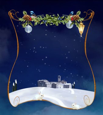 Eski bir kasabaya bakan bir Noel çerçevesi