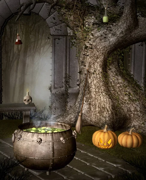 Μαγικό Καζάνι Δίπλα Ένα Γέρικο Δέντρο Κολοκύθες Του Χάλογουιν — Φωτογραφία Αρχείου