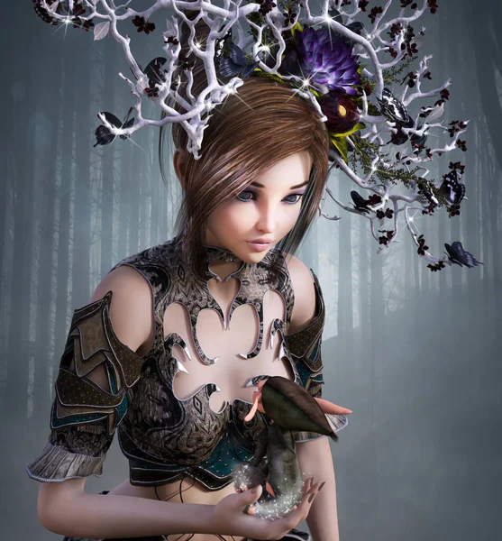 Beautiful Young Fairy Little Elf Her Hands — Stock Photo, Image