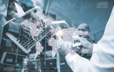 İşadamı çift pozlama çalışma ve foreman denetimi yükleme konteyner kutu dan kargo yük gemisi alma verme