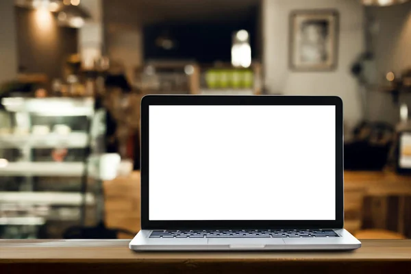 Laptop Table Coffee Shop Background Path — Stock Photo, Image