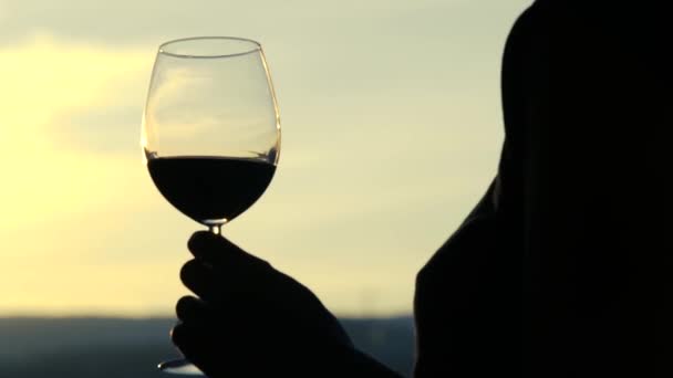 Bir bardak kırmızı şarap terasta kadınla — Stok video