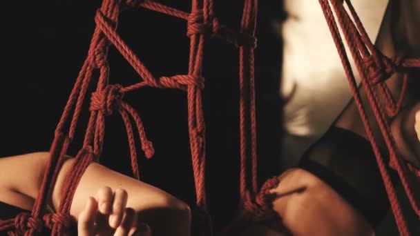 Arte Shibari con cuerdas rojas — Vídeo de stock