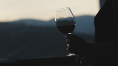 Bir bardak kırmızı şarap içme ve üzerinde gün batımını izlemek genç kadın