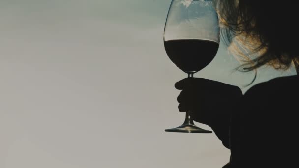 Νεαρή γυναίκα πίνοντας κόκκινο κρασί από γυαλί και βλέποντας στο ηλιοβασίλεμα — Αρχείο Βίντεο
