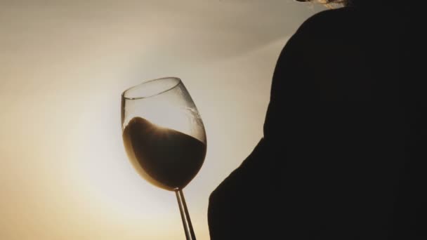 Γυναίκα, πόσιμο κόκκινο κρασί από γυαλί και βλέποντας στο ηλιοβασίλεμα — Αρχείο Βίντεο