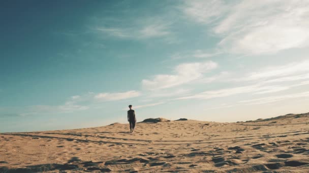 Joven hermosa mujer caminando en el paisaje del desierto — Vídeos de Stock