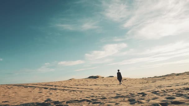 Joven hermosa mujer caminando en el paisaje del desierto — Vídeos de Stock