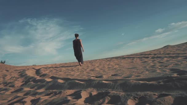 Joven hermosa mujer caminando en el paisaje del desierto — Vídeos de Stock