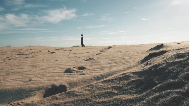 Young beautiful woman walking in desert landscape — Stock Video