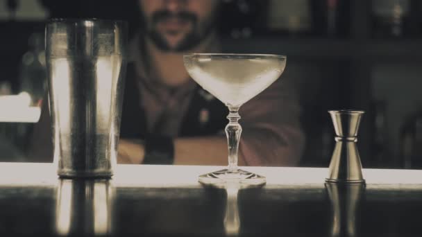 Barmann macht einen Cocktail an einer Bar — Stockvideo