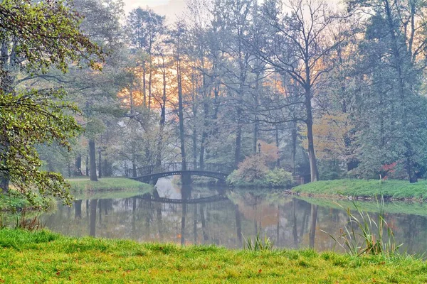 Höst Gammal Bro Höstens Dimmiga Park — Stockfoto