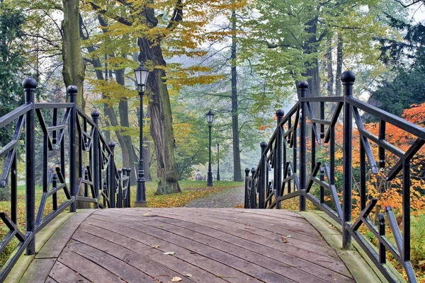 秋の霧公園内の古い橋 — ストック写真