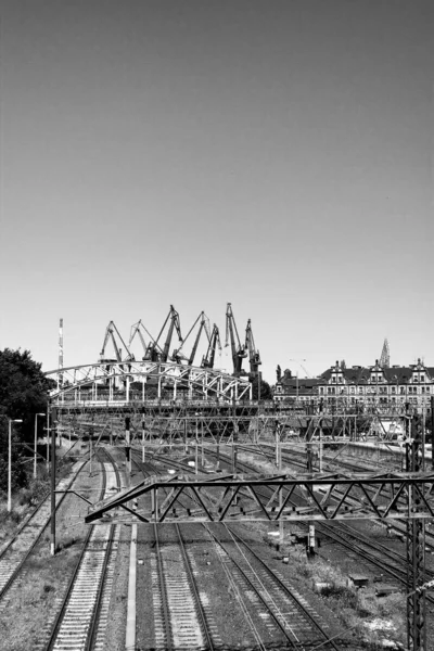Залізнична Колія Журавель Задньому Плані Гданськ Польща — стокове фото