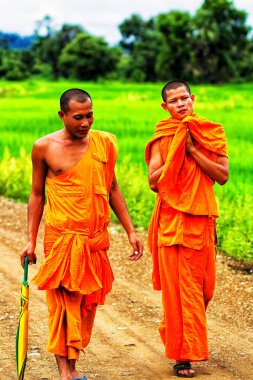 4000 ada, LAOS - 22 Eylül 2011 'de Laos' un 4000 adasındaki tapınağa doğru yürüyen keşişler. Geleneksel turuncu kostümlü Budist rahipler.