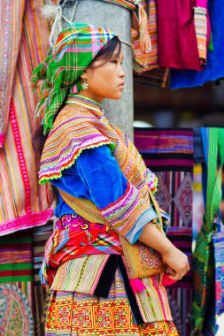 BAC HA, VIETNAM - 21 Eylül 2012 'de Bac Ha, Vietnam' da Çiçek H 'ong Etnik Azınlık Halkının tanımlanamayan kadınları pazarda. H 'mong Vietnam' daki en büyük 8. etnik gruptur..