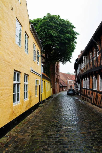 Пустой Утренней Улице Старыми Домами Королевского Города Рибе Дании — стоковое фото