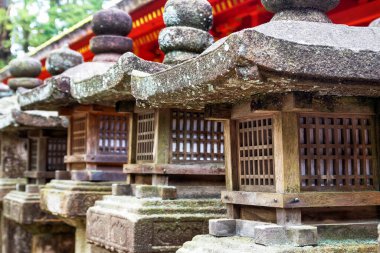 Japonya, Nara 'daki Kasuga türbesine giden yolda taş fenerler var.