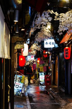 TOKYO, JAPONYA - 16 Ocak 2011 gecesi Japonya 'nın eski Shinjuku ilçesinde Yakatori sokağı olarak bilinen dar yaya sokağı. Burada birkaç geleneksel restoran var.