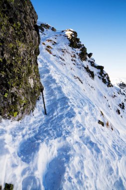 Karla kaplı bir dağ yamacına tırmanan dağcı, Tatra dağları, Polonya