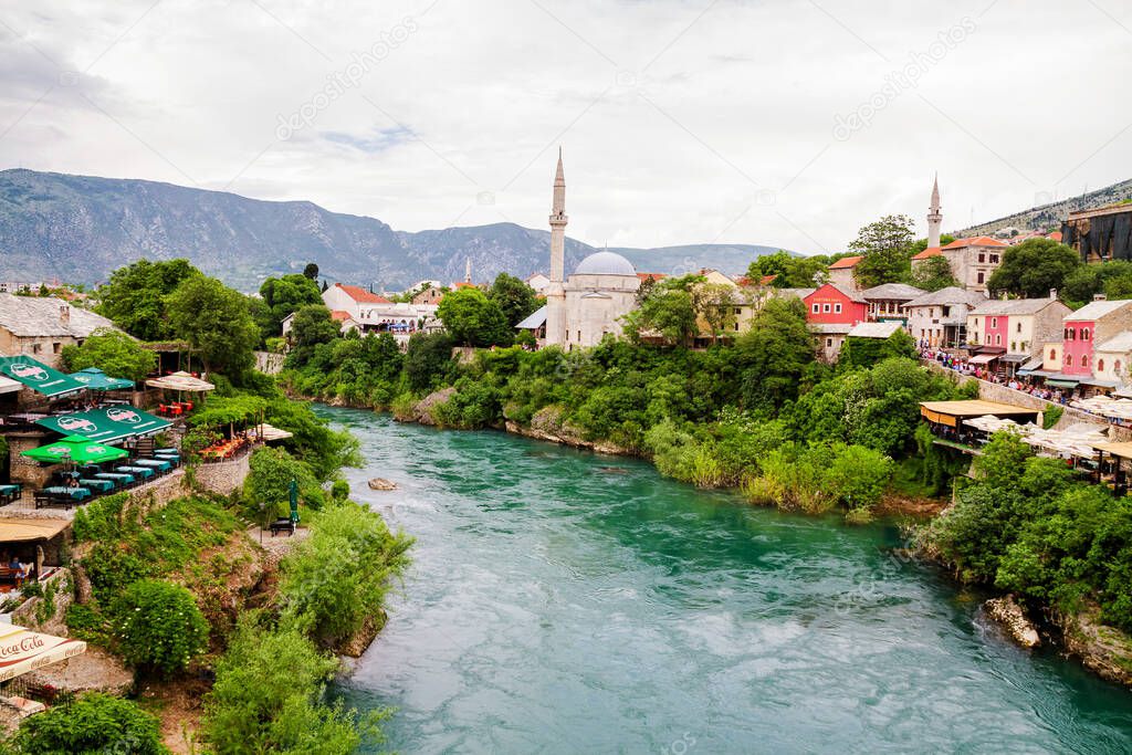 Old town of Mostar and Neretva river from the Old Bridge (Stari Most), Bosnia and Herzegovina.