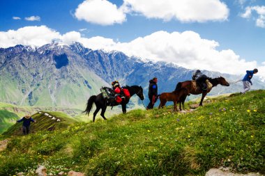 KAZBEGI, GEORGIA - 23 Haziran 2013 'te Gürcistan' ın Kazbegi kentinde sırt çantalarında at taşıyan 23L Men. Gürcistan 'ın en yüksek üçüncü dağı Kazbek' e ulaşmayı planlıyorlar..