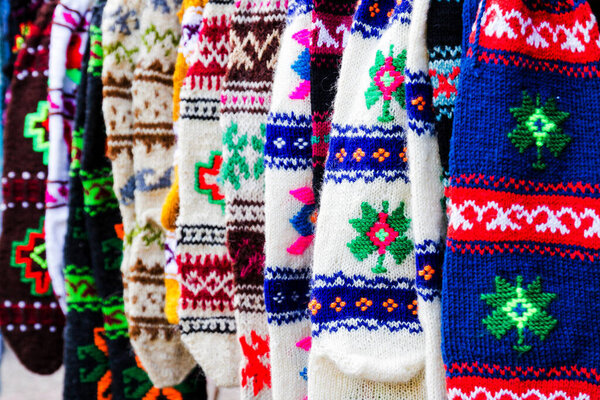 Close up of colorful and bright wool socks.