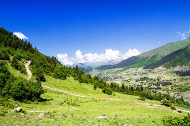 Kafkasya 'da yaz manzarası, arka planda Ushba, Georgia.